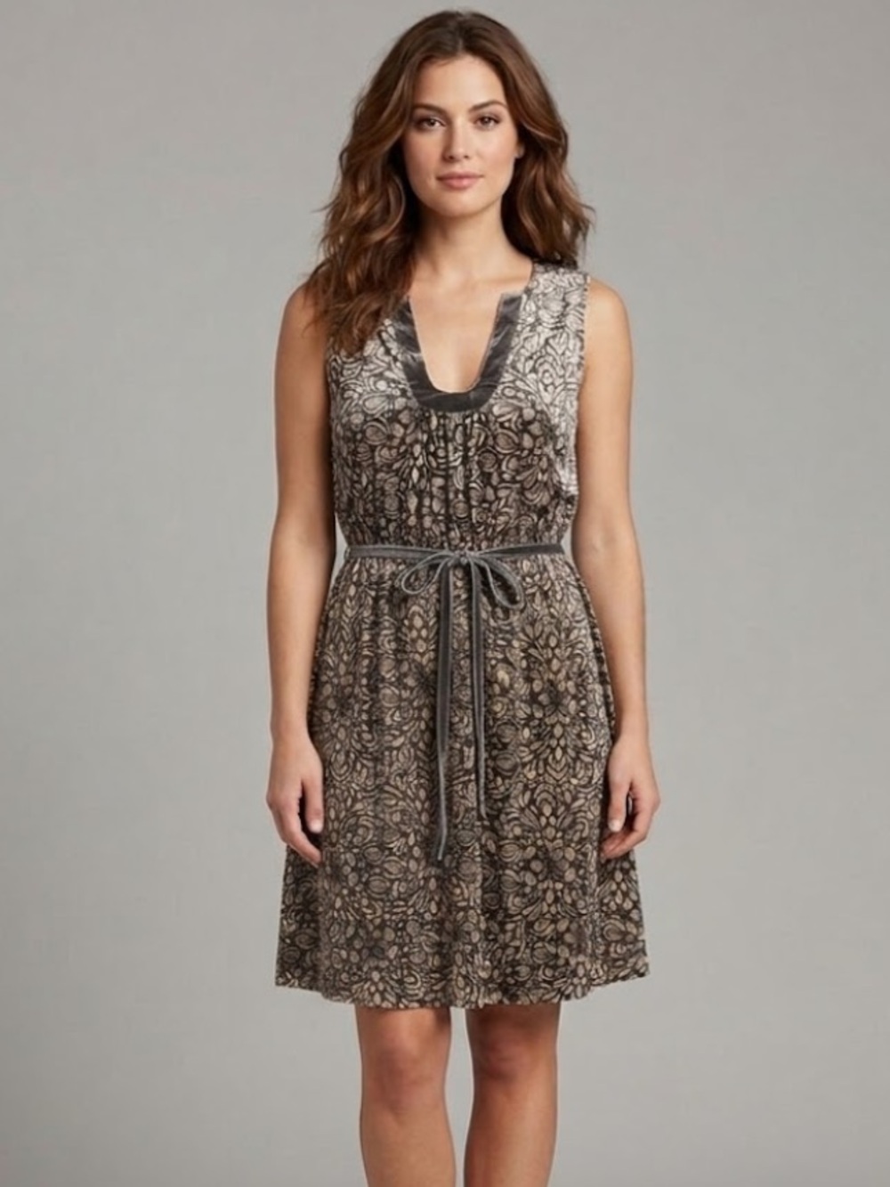 Silk Dress Gray Floral Velvet Trim Belt Beth Bowley A Line Womens Size 6